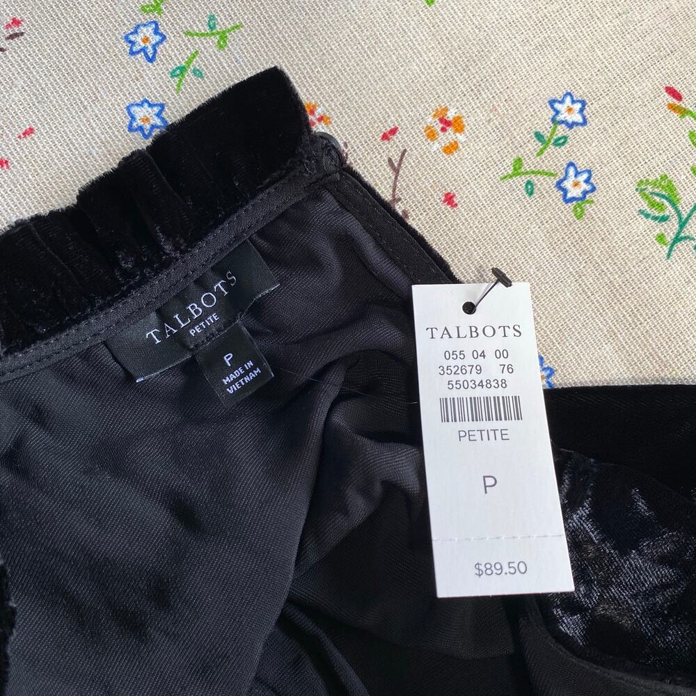 Talbots Velvet High Neck Blouse Puff Sleeve Mock Neck Frilly Trim Black Petite - Picture 6 of 8